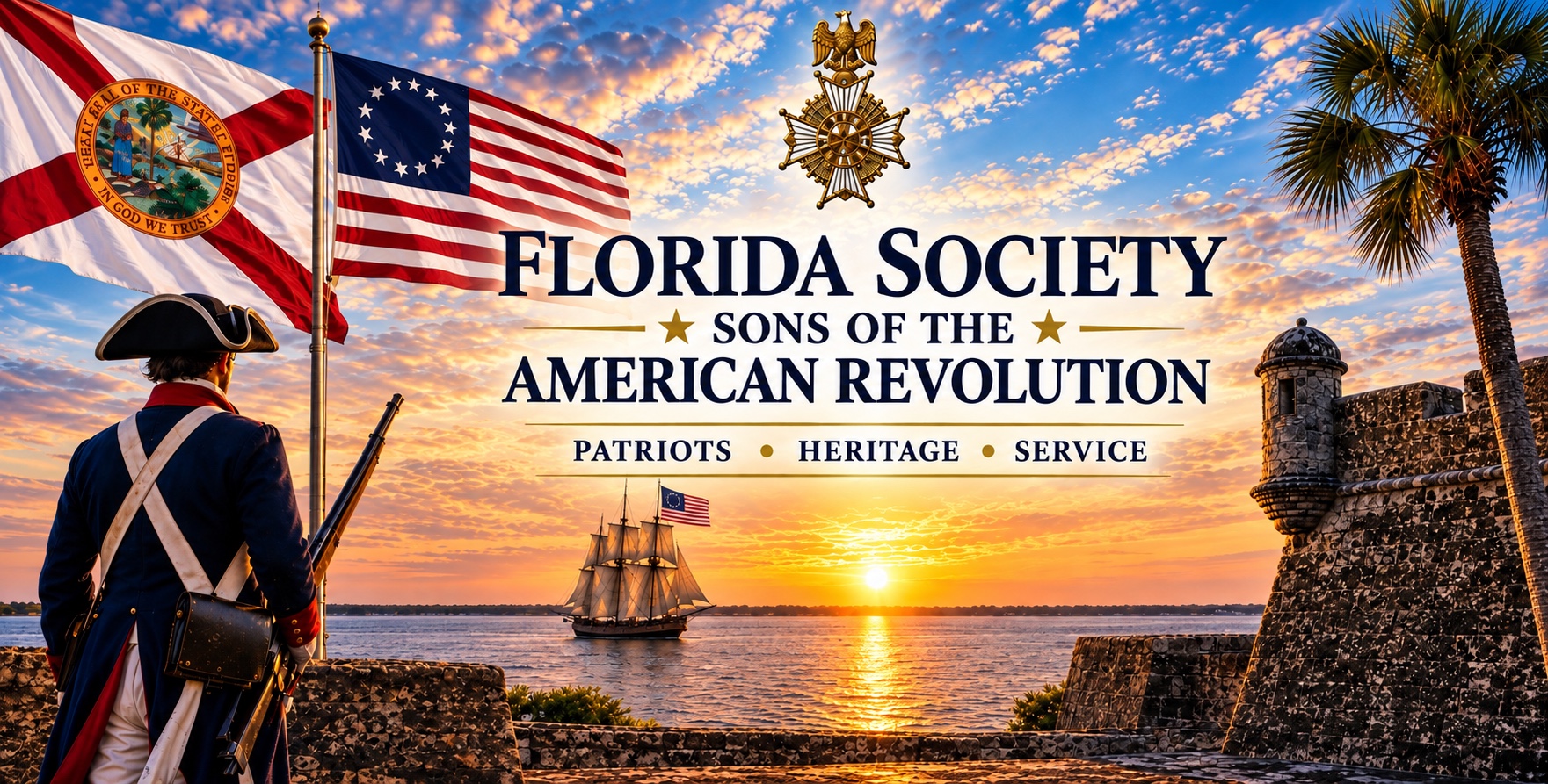 A Continental Army soldier stands on the wall of a Spanish coquina fort at sunset, looking out over the water at a tall ship flying a thirteen-star flag. The Florida state flag and a thirteen-star Betsy Ross flag fly from a pole beside him, with the Sons of the American Revolution insignia above. Overlaid lettering reads: Florida Society, Sons of the American Revolution — Patriots, Heritage, Service.